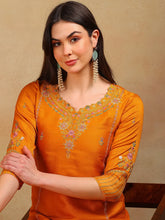 Women Mustard Silk Blend Embroidered Straight Kurta Pant Set With Dupatta